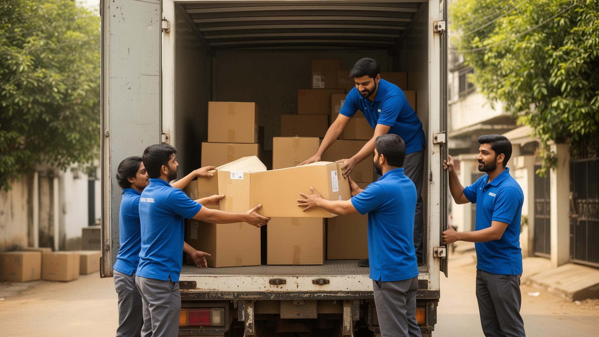 Team loading boxes into moving truck